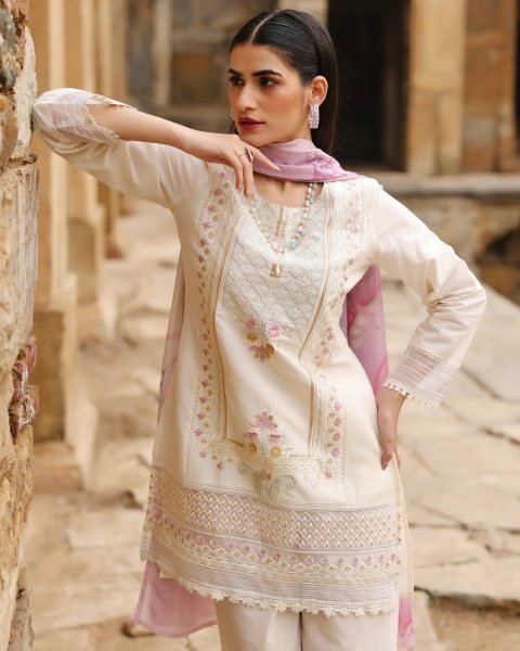 Splendid Off White Cotton Embroidered 3 Piece Kurta Palazzo Set For Women Cotton Kurtis Wholesale