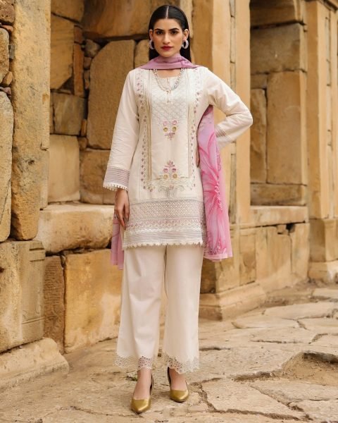 Splendid Off White Cotton Embroidered 3 Piece Kurta Palazzo Set For Women Cotton Kurtis Wholesale