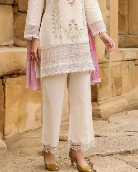 Splendid Off White Cotton Embroidered 3 Piece Kurta Palazzo Set For Women Cotton Kurtis Wholesale