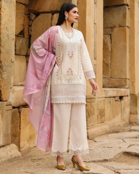 Splendid Off White Cotton Embroidered 3 Piece Kurta Palazzo Set For Women Cotton Kurtis Wholesale