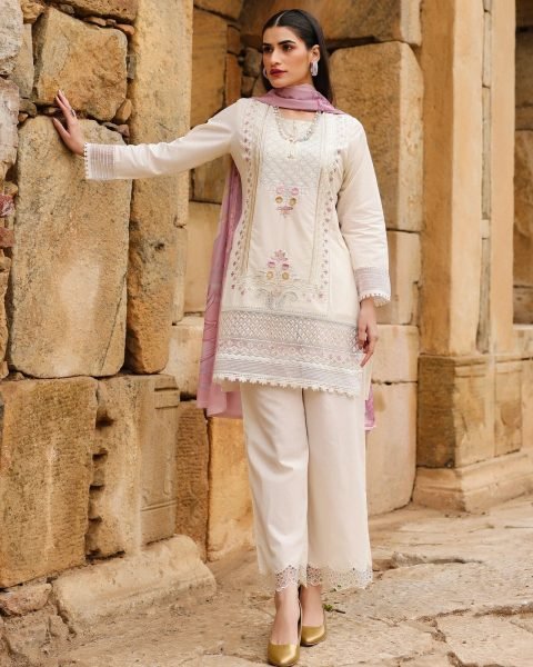 Splendid Off White Cotton Embroidered 3 Piece Kurta Palazzo Set For Women Cotton Kurtis Wholesale