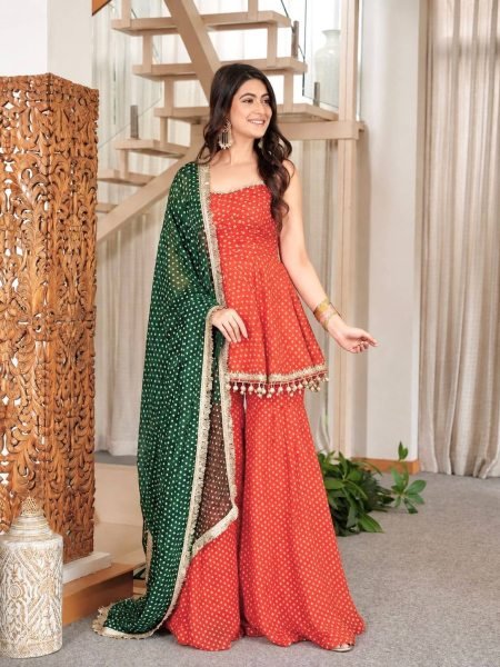 Splendid Orange Heavy Faux Georgette Bandhej Print Kediya Palazzo Dupatta Set at Wholesale Rate Ready To Wear Collection