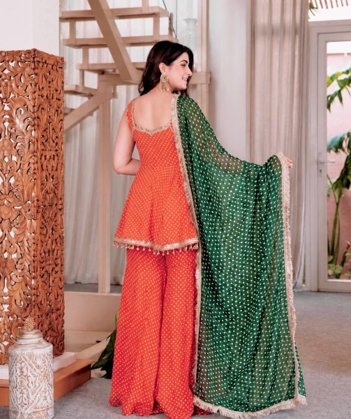 Splendid Orange Heavy Faux Georgette Bandhej Print Kediya Palazzo Dupatta Set at Wholesale Rate Ready To Wear Collection