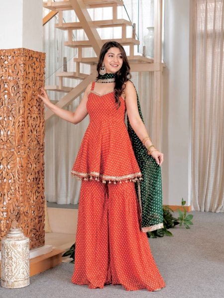 Splendid Orange Heavy Faux Georgette Bandhej Print Kediya Palazzo Dupatta Set at Wholesale Rate Ready To Wear Collection