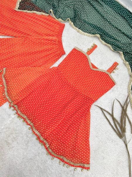 Splendid Orange Heavy Faux Georgette Bandhej Print Kediya Palazzo Dupatta Set at Wholesale Rate Ready To Wear Collection