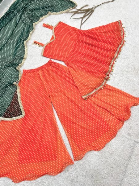 Splendid Orange Heavy Faux Georgette Bandhej Print Kediya Palazzo Dupatta Set at Wholesale Rate Ready To Wear Collection