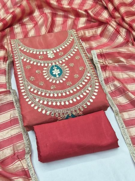 Splendid Orange Roman Simmer Silk Unstitched Suit Fabric For Special Occasions  