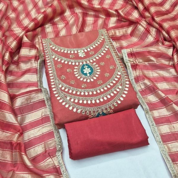 Splendid Orange Roman Simmer Silk Unstitched Suit Fabric For Special Occasions  Color Set Matching Dress Material Wholesale
