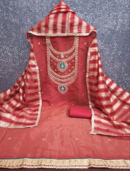 Splendid Orange Roman Simmer Silk Unstitched Suit Fabric For Special Occasions  Color Set Matching Dress Material Wholesale