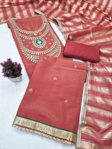 Splendid Orange Roman Simmer Silk Unstitched Suit Fabric For Special Occasions  Color Set Matching Dress Material Wholesale