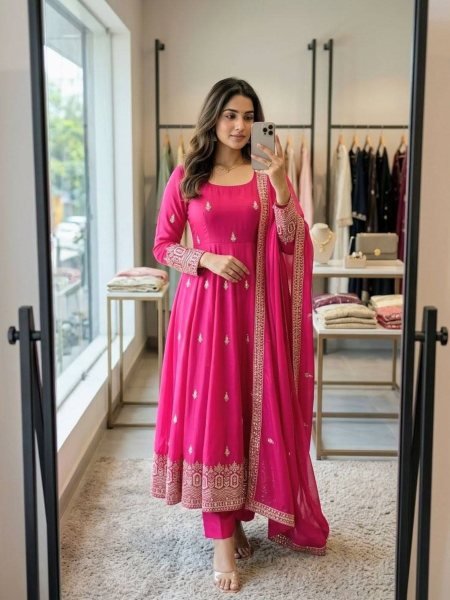 Splendid Pink Chinon Silk Gown with Full Sleeves Embroidery Work At Wholesale Price For Resellers 