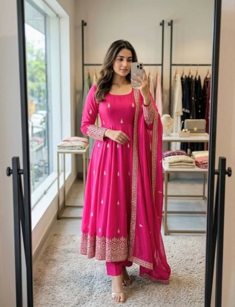 Splendid Pink Chinon Silk Gown with Full Sleeves Embroidery Work At Wholesale Price For Resellers Ready To Wear Collection