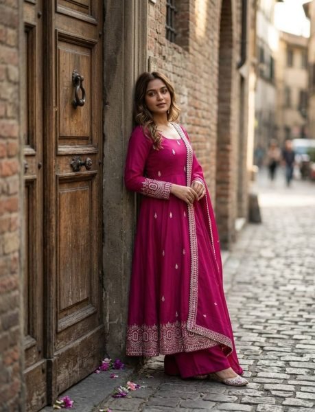 Splendid Pink Chinon Silk Gown with Full Sleeves Embroidery Work At Wholesale Price For Resellers Ready To Wear Collection