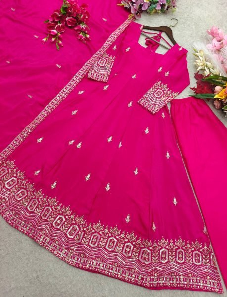 Splendid Pink Chinon Silk Gown with Full Sleeves Embroidery Work At Wholesale Price For Resellers Ready To Wear Collection