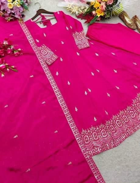 Splendid Pink Chinon Silk Gown with Full Sleeves Embroidery Work At Wholesale Price For Resellers Ready To Wear Collection