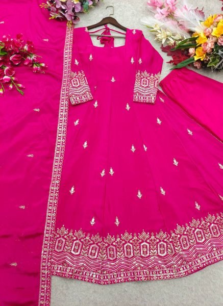 Splendid Pink Chinon Silk Gown with Full Sleeves Embroidery Work At Wholesale Price For Resellers Ready To Wear Collection