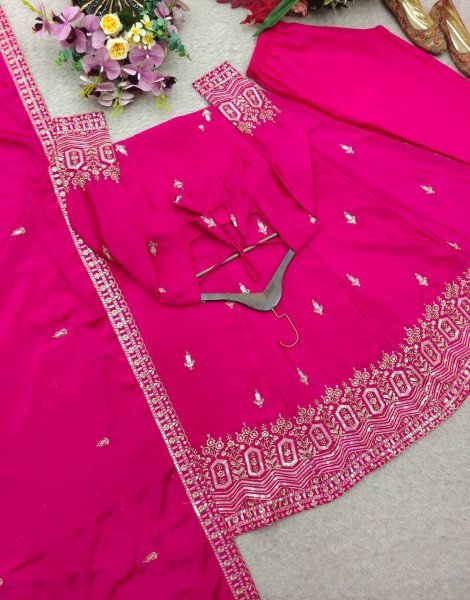 Splendid Pink Chinon Silk Gown with Full Sleeves Embroidery Work At Wholesale Price For Resellers Ready To Wear Collection