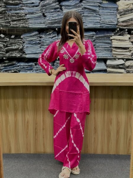 Splendid Pink Tie-Dye Kurta And Pant Co-ord Set with Embroidered Yoke 