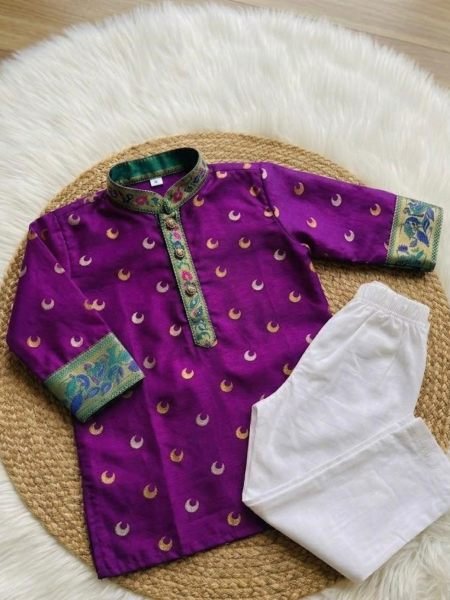 Splendid Purple Kids Traditional Kurta with Contrast Zari Weaving and Pant