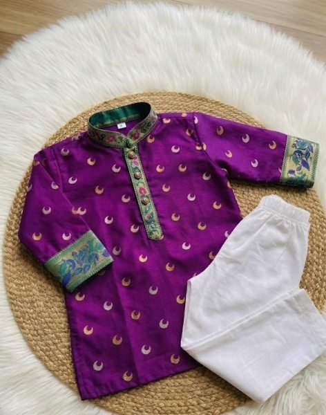 Splendid Purple Kids Traditional Kurta with Contrast Zari Weaving and Pant Boys Wear