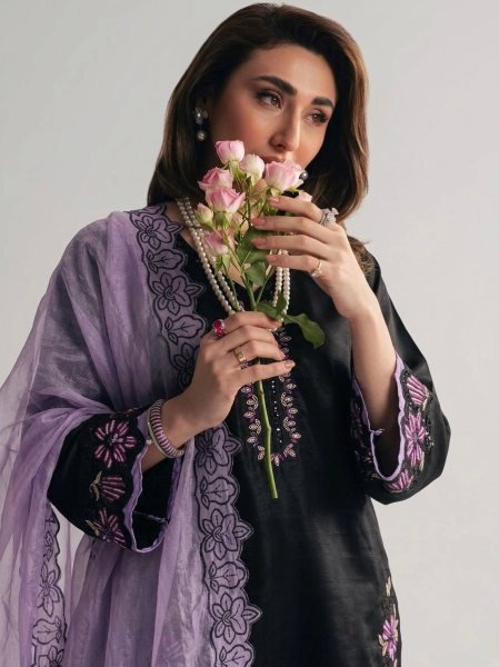 Splendid Purple Roman Glass Silk Suit Set with Farshi Pant for Wedding Wear Ready To Wear Collection