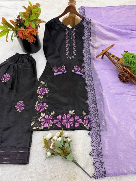 Splendid Purple Roman Glass Silk Suit Set with Farshi Pant for Wedding Wear Ready To Wear Collection