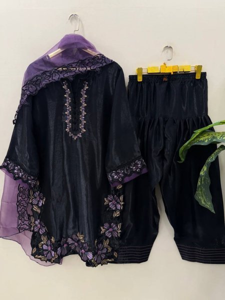 Splendid Purple Roman Glass Silk Suit Set with Farshi Pant for Wedding Wear Ready To Wear Collection