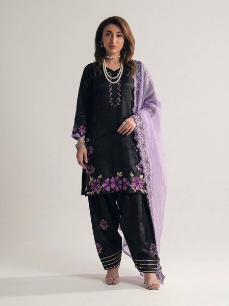 Splendid Purple Roman Glass Silk Suit Set with Farshi Pant for Wedding Wear Ready To Wear Collection
