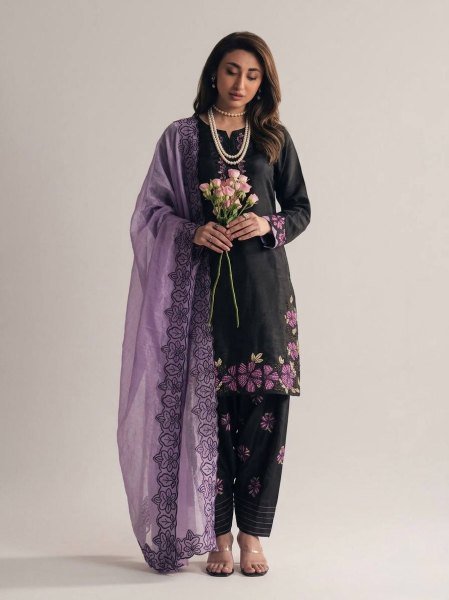 Splendid Purple Roman Glass Silk Suit Set with Farshi Pant for Wedding Wear Ready To Wear Collection