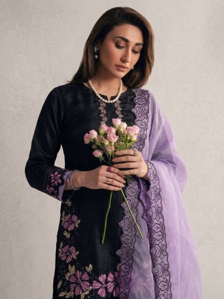 Splendid Purple Roman Glass Silk Suit Set with Farshi Pant for Wedding Wear Ready To Wear Collection