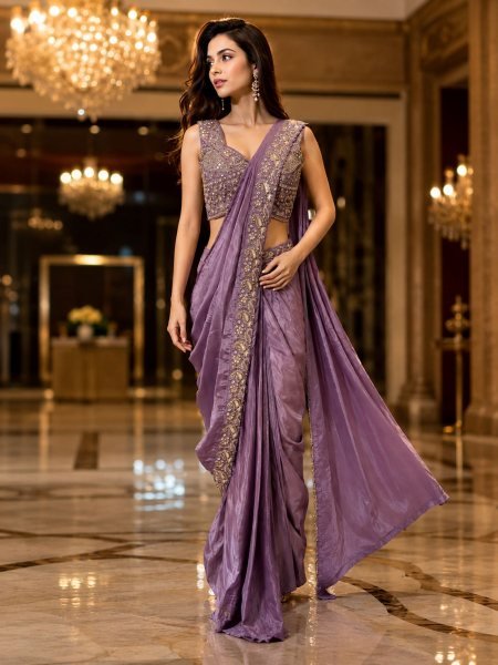 Splendid Purple Women's Chinnon Saree with Beads Embroidery Work and Ready Blouse Sarees 