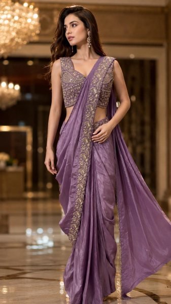 Splendid Purple Women's Chinnon Saree with Beads Embroidery Work and Ready Blouse Designer Wedding Sarees Wholesale