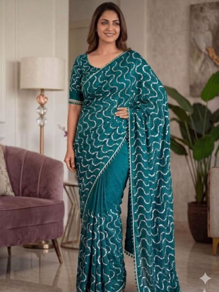 Splendid Rama Satin Saree with Real Beads Work for Wedding Occasions Sarees 