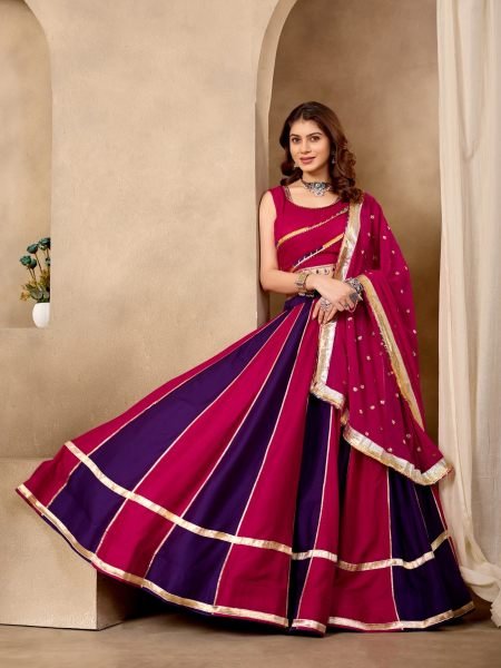 Splendid Rani Pink Purple Pure Cotton Lehenga Choli with Mirror Lace   Lampi Lace Work 