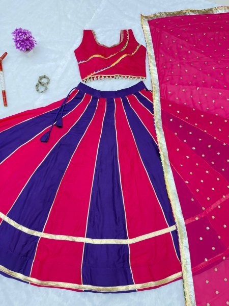 Splendid Rani Pink Purple Pure Cotton Lehenga Choli with Mirror Lace   Lampi Lace Work Navratri Lehnega Choli
