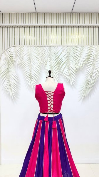 Splendid Rani Pink Purple Pure Cotton Lehenga Choli with Mirror Lace   Lampi Lace Work Navratri Lehnega Choli