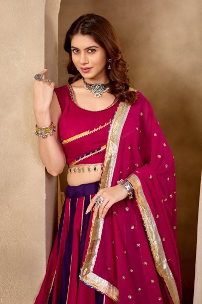 Splendid Rani Pink Purple Pure Cotton Lehenga Choli with Mirror Lace   Lampi Lace Work Navratri Lehnega Choli