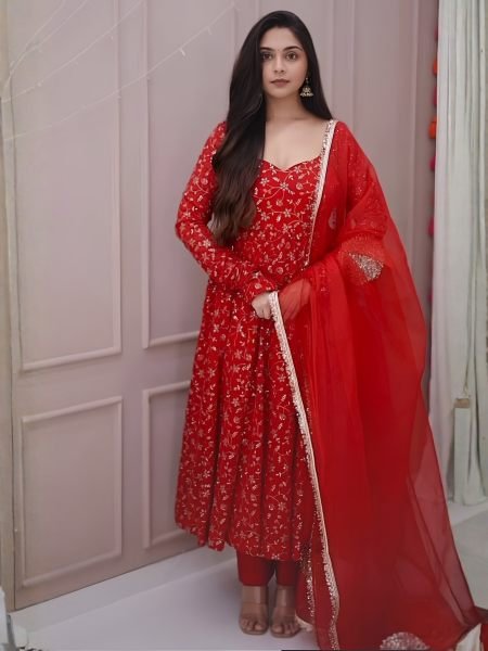 Splendid Red Blooming Georgette Anarkali Gown with Heavy Sequin Work at Manufacturer Rate 