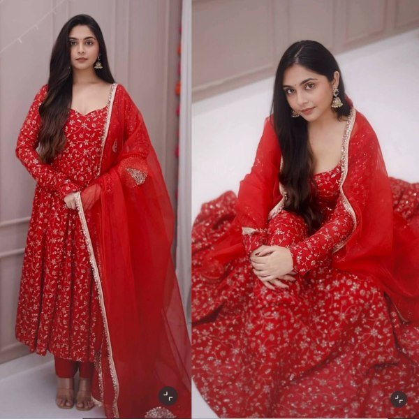 Splendid Red Blooming Georgette Anarkali Gown with Heavy Sequin Work at Manufacturer Rate Ready To Wear Collection