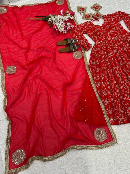 Splendid Red Blooming Georgette Anarkali Gown with Heavy Sequin Work at Manufacturer Rate Ready To Wear Collection