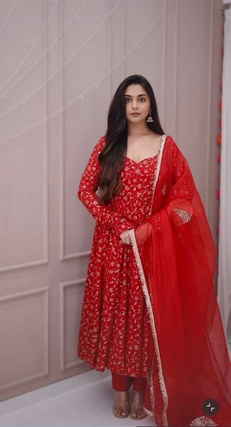 Splendid Red Blooming Georgette Anarkali Gown with Heavy Sequin Work at Manufacturer Rate Ready To Wear Collection