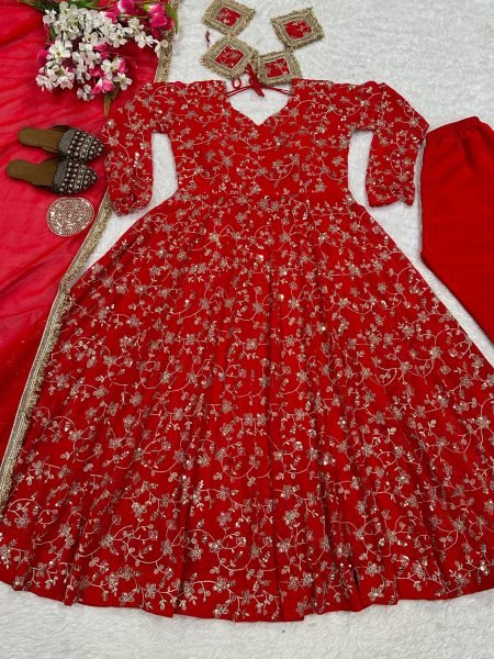 Splendid Red Blooming Georgette Anarkali Gown with Heavy Sequin Work at Manufacturer Rate Ready To Wear Collection