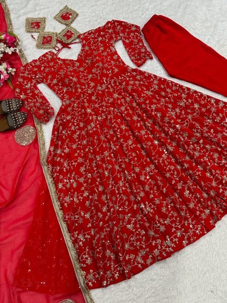 Splendid Red Blooming Georgette Anarkali Gown with Heavy Sequin Work at Manufacturer Rate Ready To Wear Collection