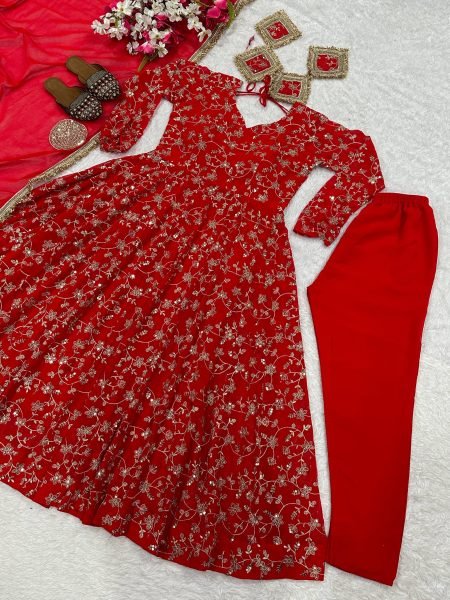 Splendid Red Blooming Georgette Anarkali Gown with Heavy Sequin Work at Manufacturer Rate Ready To Wear Collection