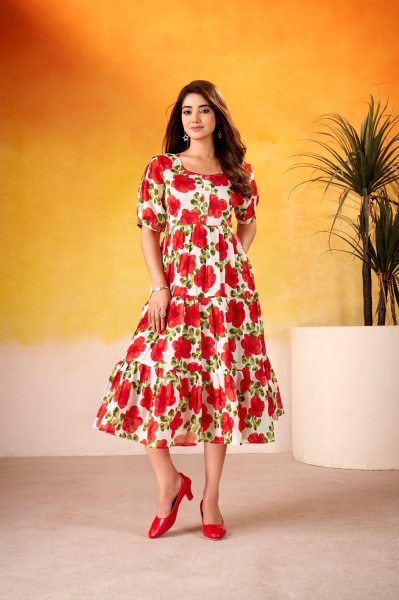 Splendid Red Vichitra Silk Floral Printed Frock at Manufacturer Rate for Reseller  Printed Kurtis