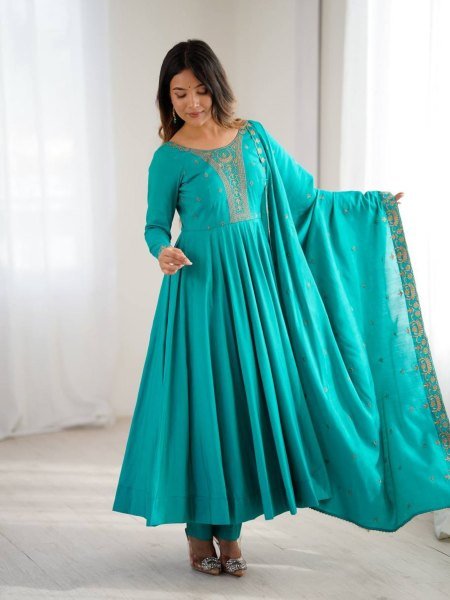 Splendid Roman Shimmer Anarkali Gown with Bead Work and Dupatta for Exporters at manufacturer price Kurtis