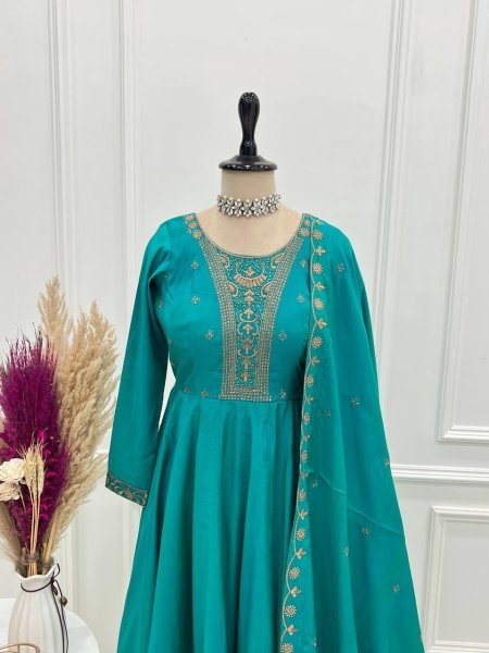 Splendid Roman Shimmer Anarkali Gown with Bead Work and Dupatta for Exporters at manufacturer price Anarkali Kurtis 