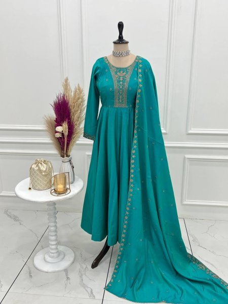 Splendid Roman Shimmer Anarkali Gown with Bead Work and Dupatta for Exporters at manufacturer price Anarkali Kurtis 