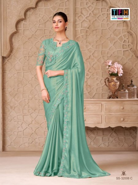 Splendid Sea Green Gold Shimmer Satin Georgette Saree for Reception Wear 