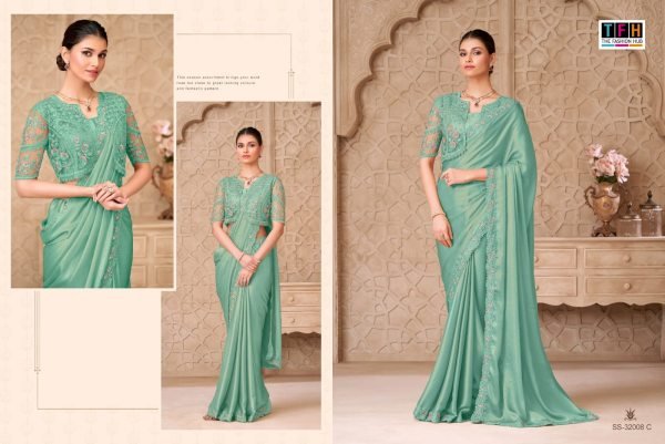 Splendid Sea Green Gold Shimmer Satin Georgette Saree for Reception Wear Designer Wedding Sarees Wholesale